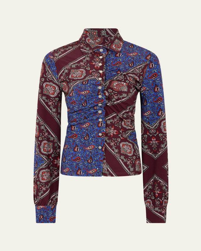Paisley Patchwork Ruched Button-Front Shirt